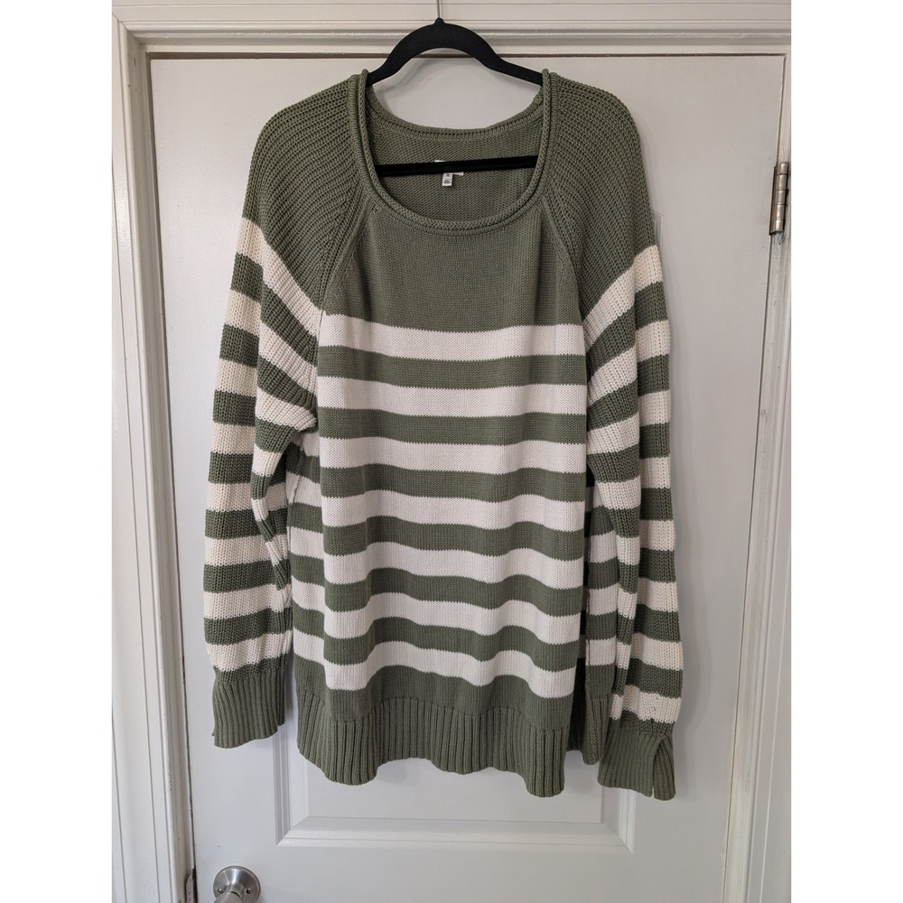 Aerie Women XL Olive Green Striped Cotton Oversized Raglan Sweater 06/25